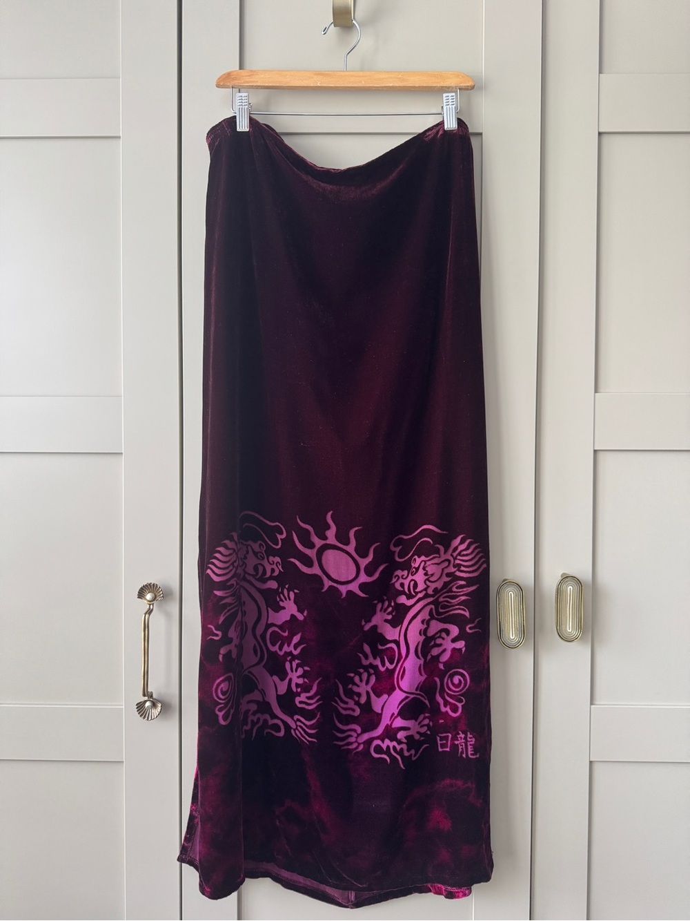 Heyne Bogut Velvet Maxi Skirt with Pink Dragon Graphic - Women's Long Skirt